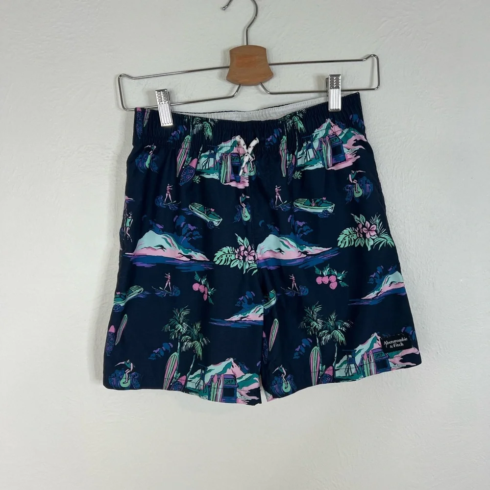 Abercrombie Kids Swim Trunks Navy Tropical Print Elastic Waist Lined Size 11/12
